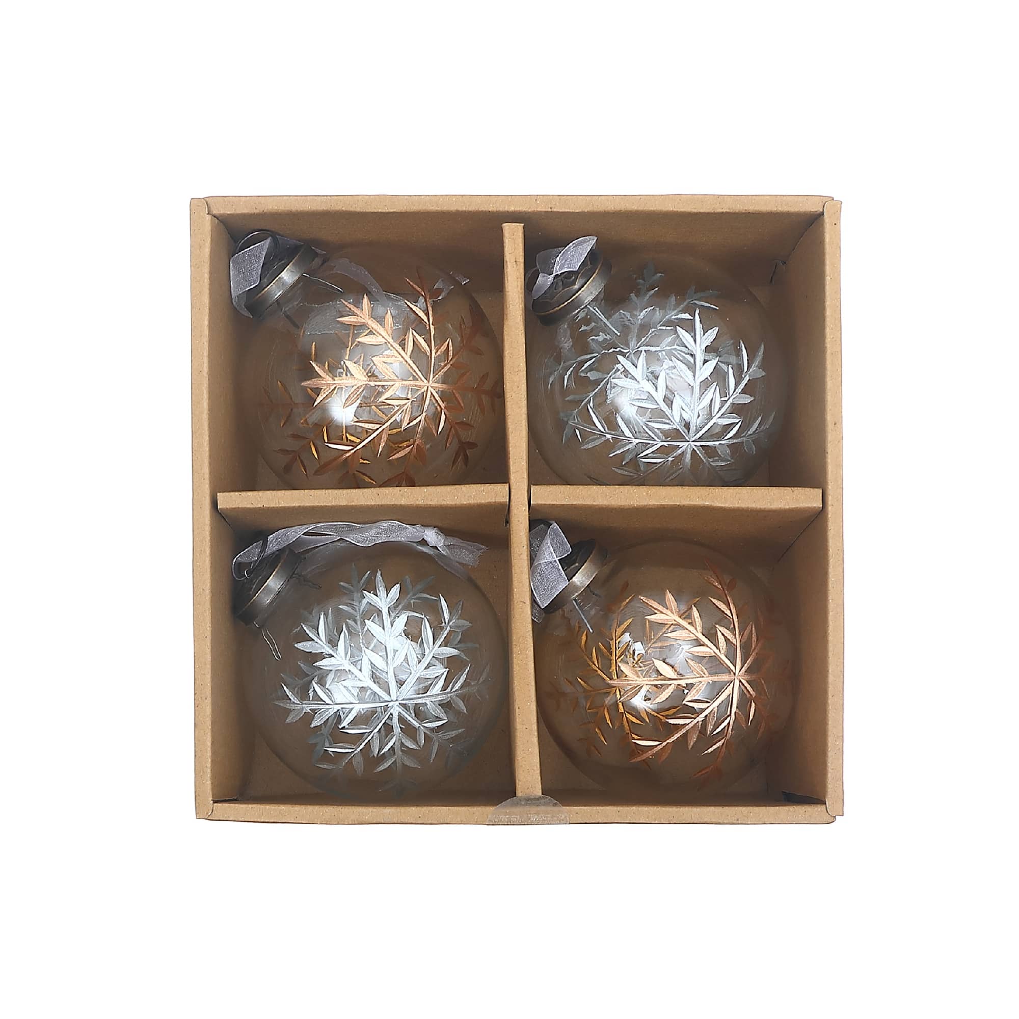 4" Clear Glass Ornament With Snowflake Etching (Gold + Silver) Set of